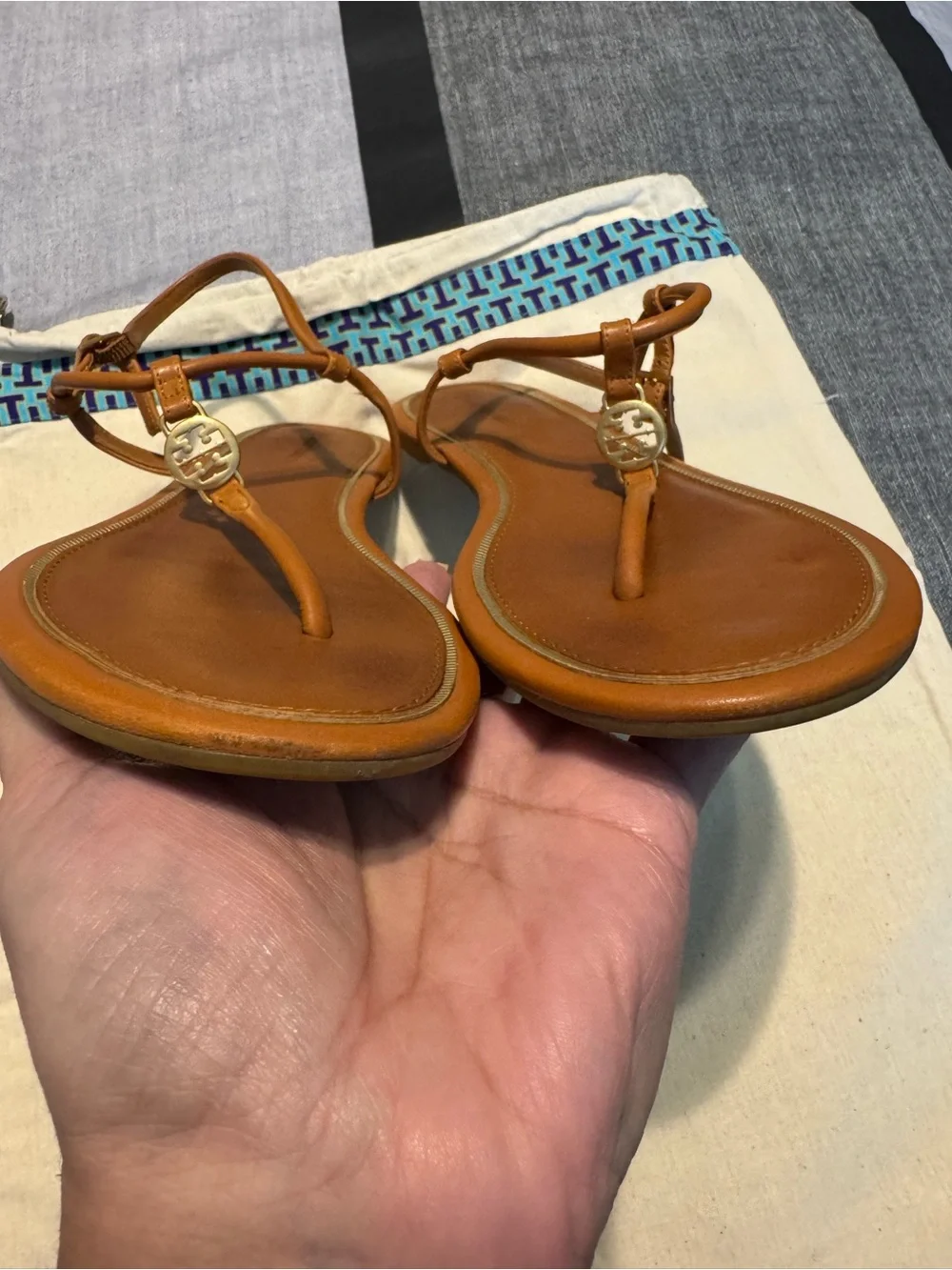 Tory Burch Tan Leather T-Strap Sandals with Gold Trim